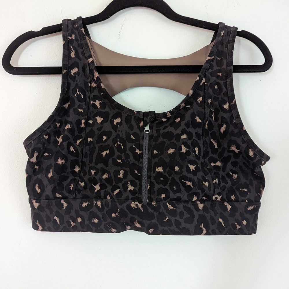 Varley Front Zip Leopard Print High Impact Sports Bra.  Seamless back panel